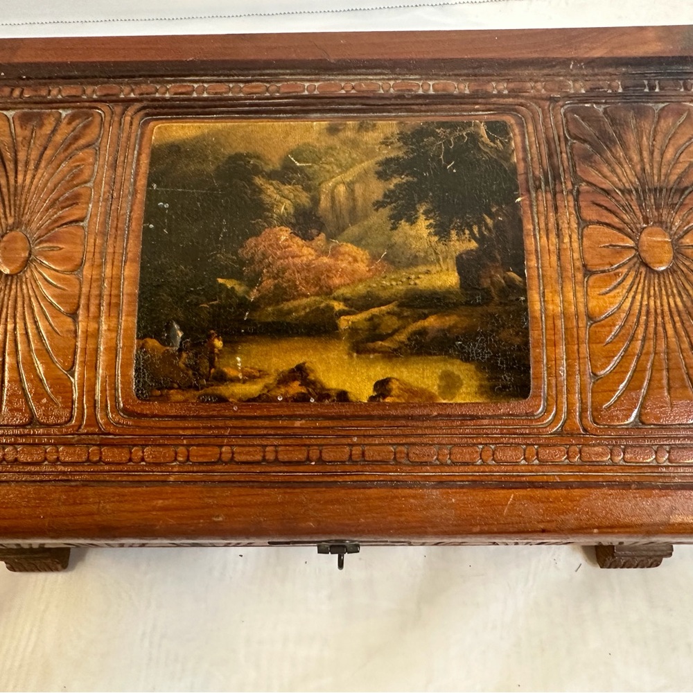 VTG Carved Wooden Jewelry Trinket Box Decoupage Country Cottage Scene Mirror
